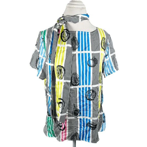 Vilagallo Colorful Stripe Fruit Slice Print Top Neck tie Silk Boxy Size 44 US 10 - Picture 1 of 11